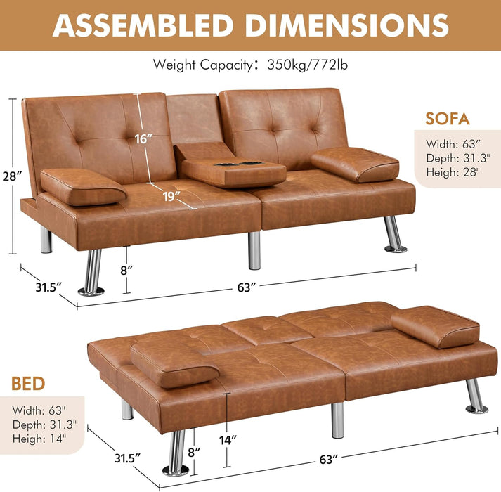 Convertible Sofa Bed Adjustable Couch Sleeper Modern Faux Leather Home Recliner Reversible Loveseat Folding Daybed Guest Bed, Removable Armrests, Cup Holders, 3 Angles, 772Lb Capacity, Brown