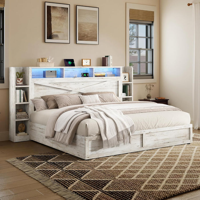 45'' Farmhouse Queen Bed Frame with Bookcase Headboard, LED Bed Frame with Side Shelves & Underbed Drawers, Wood Platform Bed with Charging Station, White