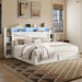 45'' Farmhouse Queen Bed Frame with Bookcase Headboard, LED Bed Frame with Side Shelves & Underbed Drawers, Wood Platform Bed with Charging Station, White