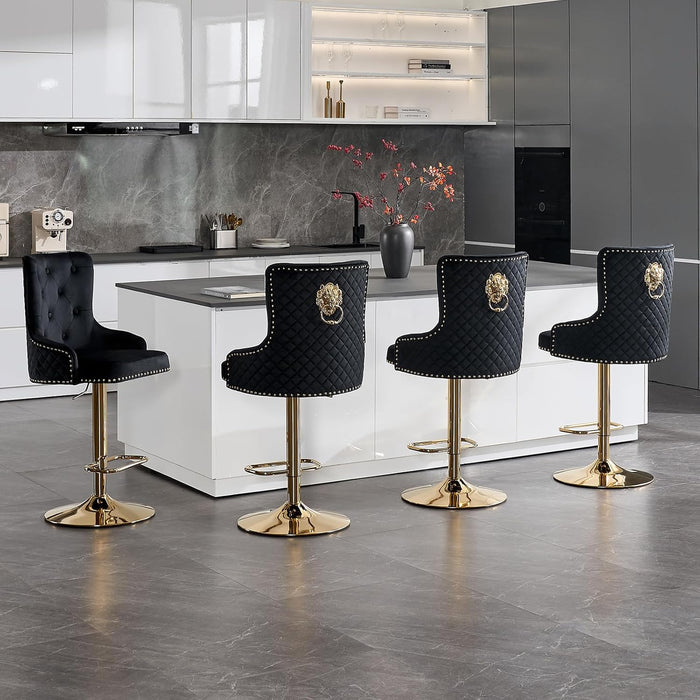 Velvet Gold Bar Stools Set of 2 Modern Counter Height Bar Stools with Lion Pull Ring Tufted Back, Nailhead Upholstered Barstools for Home Kitchen Island, Swivel Adjustable Stool Chair in Black