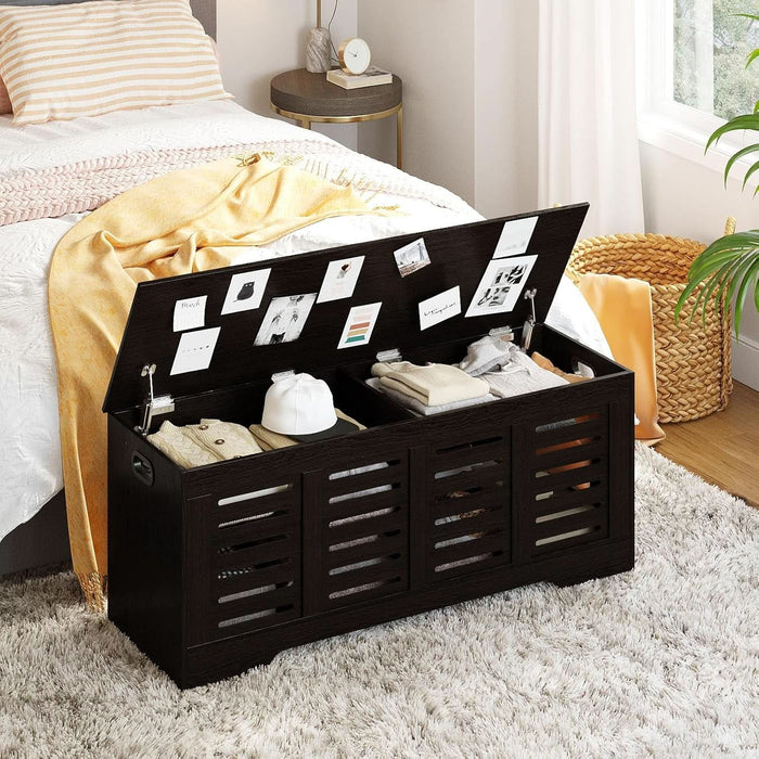 Storage Chest, 47.3” Wooden Toy Box with 2 Safety Hinges, Retro Entryway Shoe Storage Bench with Flip-Top, Sturdy Large Storage Trunk for Living Room, Bedroom, Easy Assembly, Espresso