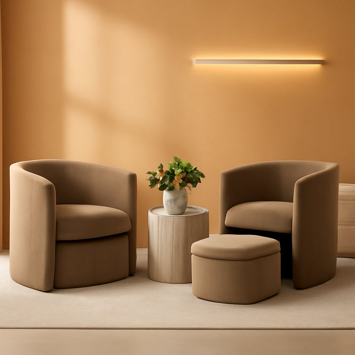 Morden Velvet Barrel Accent Chair with Storage Ottoman Set of 2, Upholstered Living Room Side Chair, Single Sofa Armchair with Lounge Seat for Bedroom/Office/Reading Spaces, Khaki