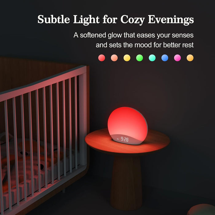 Sound Machine Sunrise Alarm Clock with Night Light, 26 Nature Inspired Sleep Sounds, 0-100% Dimmable Clock, Sunrise Lamp, Wake up Light, Brown/Pink/White Noise Machine for Babys, Adults, Kids