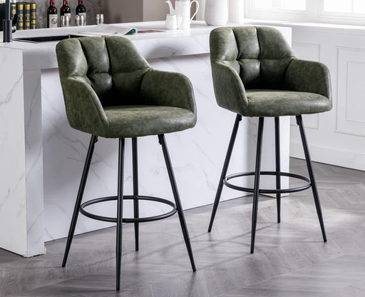 Modern Bar Stools Set of 2 Bar Height Barstools with Back and Arms High Bar Chairs with Metal Footrest Leather Upholstered Island Chairs for Kitchen Counter/Home Bar/Dining Room, Green