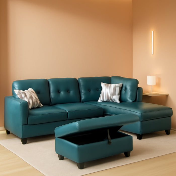 Sectional Sofa Faux Leather Modern L Shaped Couch Set 103.5”Wide Including Chaise and 3 Seating Sofa with Storage Ottoman for Living Room Furniture (Right Hand Facing, A-Denim)