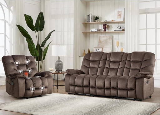 2-Piece Recliner Sofa Couch Set, Include Single Power Electric Recliner Chair with Massage& Heat and 3-Seater Manual Reclining Sofa for Living Room Bedroom, Brown