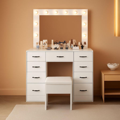 Vanity Desk with Large Lighted Mirror & Powre Outlet, Glass Tabletop Makeup Vanity Set with 9 Drawers, 45.3" Vanity Table with 3 Color Lighting Modes, Dressing Table for Women Girls, White