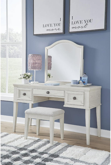 Signature Design by Ashley Robbinsdale Mirrored Vanity with Bench, 52 Inch Antique White Makeup Desk, Casual Wood Dressing Table for Bedroom Storage