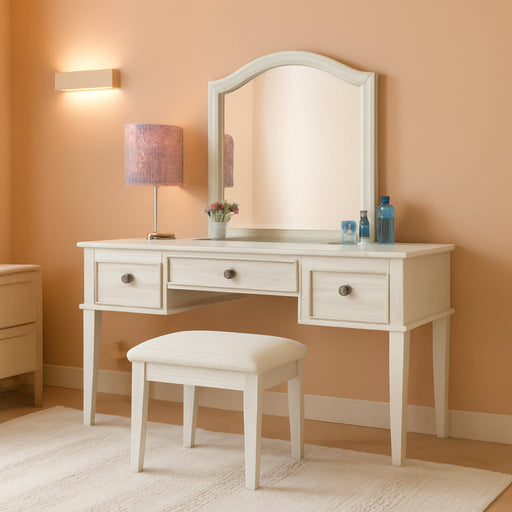 Signature Design by Ashley Robbinsdale Mirrored Vanity with Bench, 52 Inch Antique White Makeup Desk, Casual Wood Dressing Table for Bedroom Storage