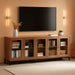 Modern TV Stand with Glass Doors for 110 Inch Tvs, Farmhouse Entertainment Center TV Console with Adjustable Shelves for Living Room, Bedroom, Brown