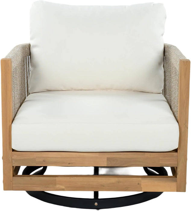 Sue Outdoor Acacia Wood Swivel Accent Chairs Set of 2 with Cushions, 360° Rotating Lounge Chair Outdoor with Rope Accent, Outdoor Swivel Chairs for Garden, Natural + Beige