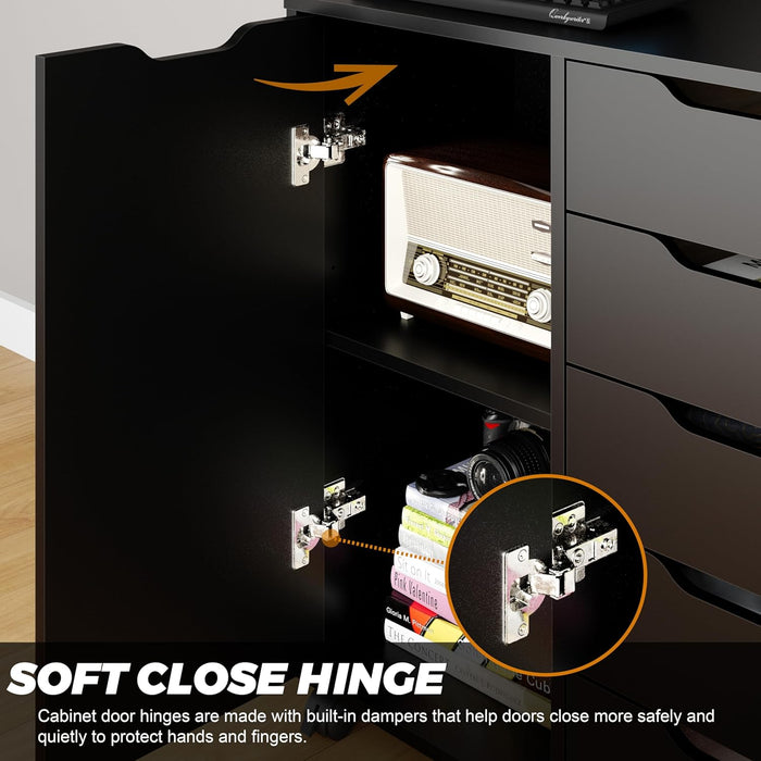 5-Drawer Chest with 1 Door, Wooden Chest of Drawers Storage Dresser Cabinet with Wheels, Office Organization and Storage, Bedroom Furniture (Black-S)