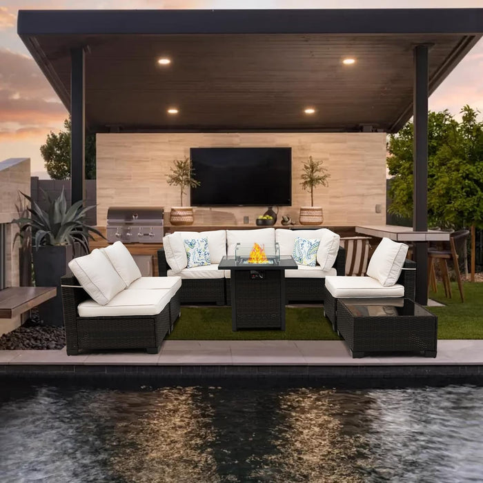 8 Pieces Wicker Patio Furniture Set with Fire Pit Table (Brown/Beige), Perfect for Outdoor, Deck, Garden, Poolside, Includes Splashproof Anti-Slip Cushions and 2 Pillows