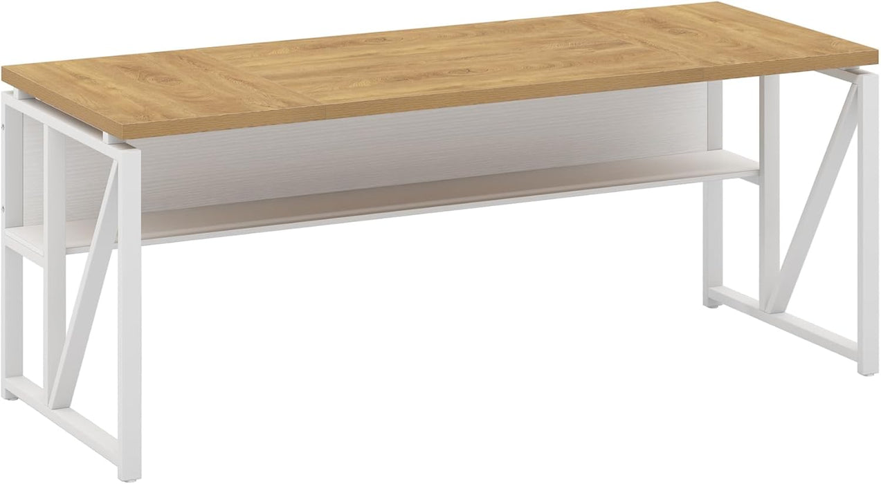 63 Inches Computer Desk with Bottom Storage Shelf Home Office Desk Writing Table for Workstation, Dark Walnut + Steel Leg, Cabinet Not Included (Light Oak, 63-Inch-With Shelf)