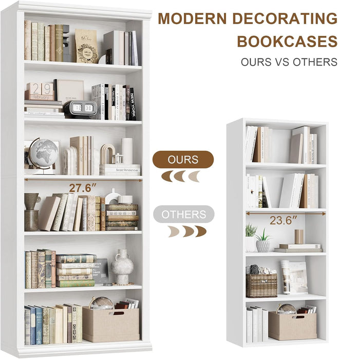 Bookcase and Bookshelves, 28" W Tall Bookshelf, White | Elegant Design, 6 Tiers Spacious Book Storage, Freestanding Book Organizer, Display Library Shelf