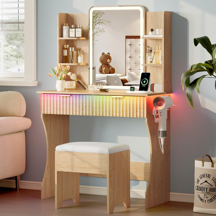 Oak Premium Vanity Desk With IntegratedLED MirrorOutlet