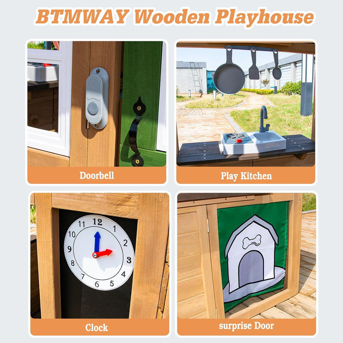 Kids Playhouse Outdoor,Cedar Gray Wooden Play House for Kids Ages 3-8,Interactive Doorbell, Kitchen Counter with Utensils, Sink, Window Boxes for Flowers (Brown)