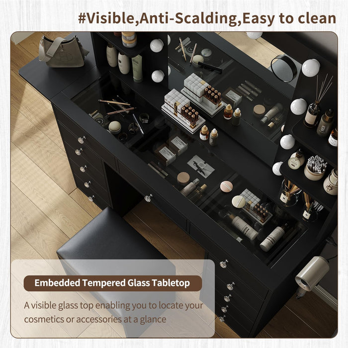 Vanity Desk with Power Outlet, Makeup Table with Mirror and 12 LED Lights, 3 Color Lighting Modes, 11 Drawers Makeup Vanity with 4 Shelves, Fold-Up Panel, Vanity Set for Bedroom, Black
