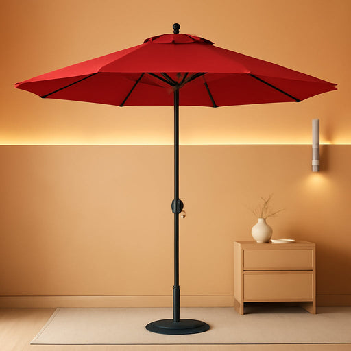 GSPT908302-5403 9' round Aluminum Market, Crank Lift, Push Button Tilt, Black Pole, Sunbrella Jockey Red Patio Umbrella, 9-Feet