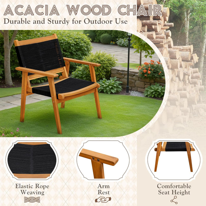 4 Pieces Acacia Wood Patio Conversation Sets, Patio Furniture Set with Hand Woven Rope Seats and Back, Outdoor Chair and Table Set for 4 for Balcony, Backyard, Deck, Poolside