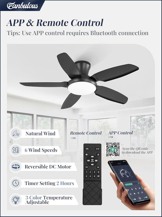 Ceiling Fans with Lights, 42 Inch Low Profile Flush Mount Ceiling Fan with Remote/App Control,Black Modern Ceiling Fan with LED Light for Bedroom Indoor Outdoor-Led Dimmable, 3CCT, 6 Speeds