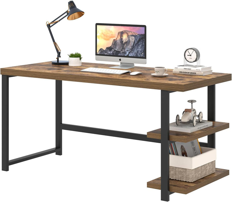 Modern Computer Desk, Home Office Desk with Storage Shelf, Wood Study Writing Table Workstation for Bedroom Living Room, Rustic Brown, 53 Inch