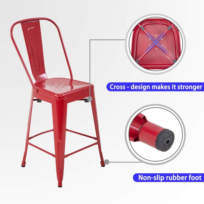 24 Inches Bar Stool Set of 4 Counter Height Barstool with Back Seat Height Industrial Bar Chairs Indoor Outdoor Metal Bar Stool Kitchen Stools Restaurant Patio Stool Stackable Modern Kitchen Stool