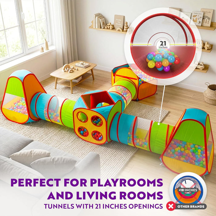 7Pc Kids Play Tent with 1 Big Ball Pit for Babies, 3 Play Tunnel for Toddlers, and 3 Pop up Tents Playhouse Bundle, Best Birthday Gift for Boys & Girls, Indoor & Outdoor Use Portable Play Center