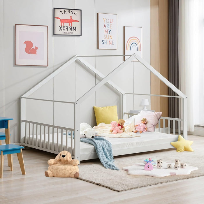 Full Size Floor Bed, Wood House Bed with Headboard and Footboard, Montessori Wood Bed, Playhouse Toddler Floor Bed Frame for Boys, Girls, No Box Spring Needed (White, Full Size)