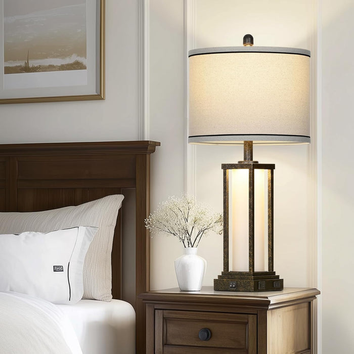 27Inch Tall Bedside Table Lamps with Charging Ports for Living Room,Traditional Lamp with Night Light for Bedroom Nightstand,Single Bronze