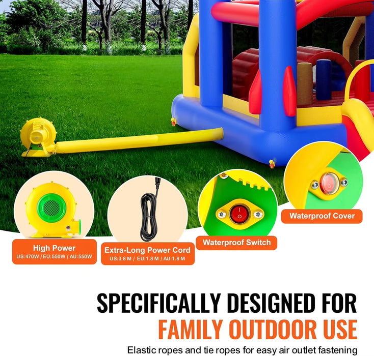 Inflatable Bounce House, Outdoor Playhouse Trampoline, Jumping Bouncer with Blower, Slide, and Storage Bag, Family