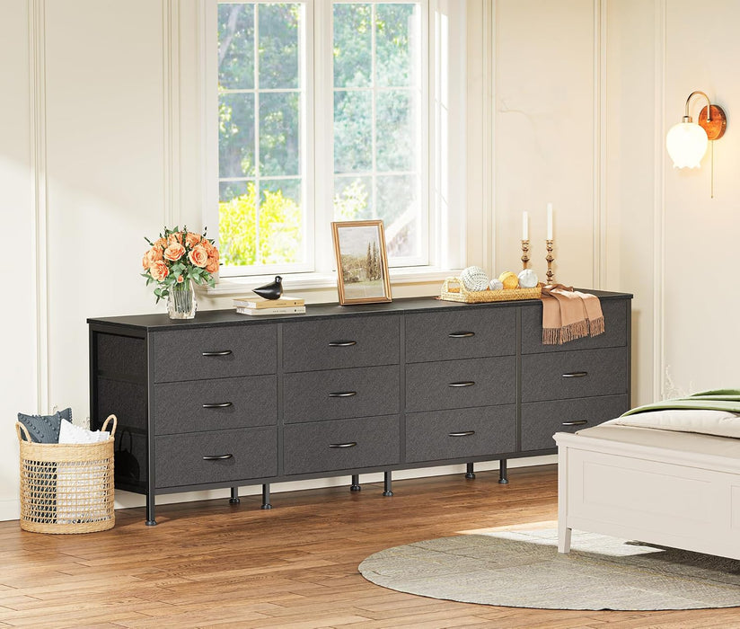 70 Inch Black Dresser for Bedroom, TV Stand for 65, 75, 80 Inch TV, 12 Fabric Drawer Long Dresser, Wide Chest of Drawer, Storage Units for Living Room