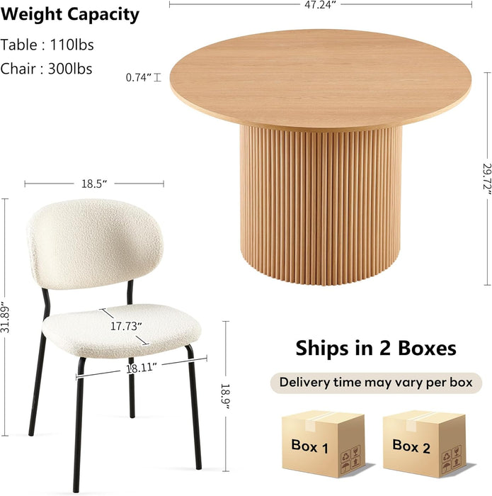 5-Piece Dining Set, Space-Saving Farmhouse Table & Chair Set for 4, 47-Inch round Dinner Table Set, Boucle Padded Seat, Curved Backrest - Beige and Oak