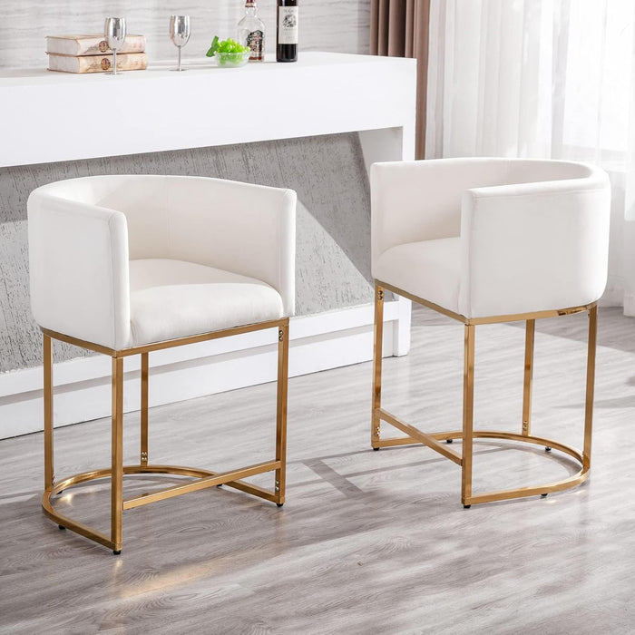 Modern Barrel Counter Height Clearance Bar Stools Set of 2, 24 Inch Velvet Kitchen Barstools with Back for Island, with Gold Metal Tubular Frame, Ivory