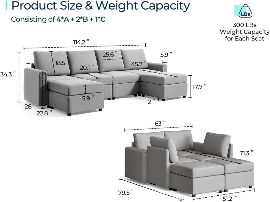 Modular Sectional Sofa, Convertible U Shaped Sofa Couch with Storage, Memory Foam, Modular Sectionals with Ottomans, 6 Seat Sofa Set with Chaise for Living Room, Grey