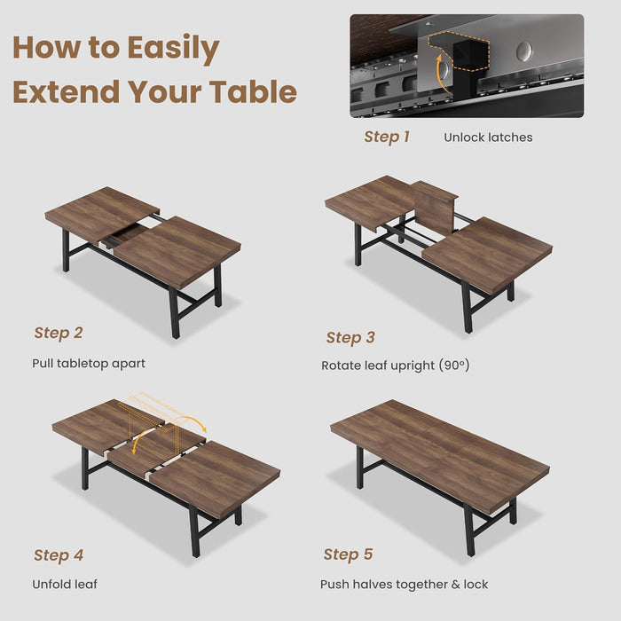 63-83" Extendable Dining Table, Industrial Rectangular Dining Room Table for 6-8 People, Expandable Kitchen Table with Heavy Duty Metal Frame for Dining Room, Kitchen & Parties, Brown