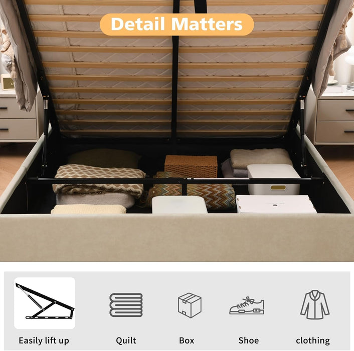 Queen Size Lift-Up Hydraulic Storage Bed, Beige Linen Upholstered Platform Bed with Vertical Channel Headboard, Wooden Slat Support, No Box Spring Needed, Easy Assembly