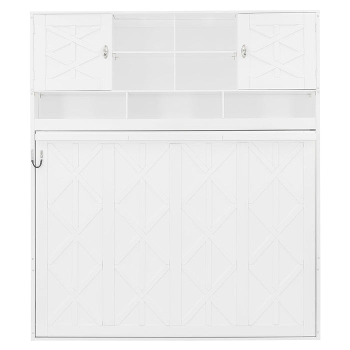 Hideaway Bed Queen Size Murphy Bed with Ample Storage,Space-Saving Wall-Mounted Design Cabinets Bedframe W/Diamond Stripes,Hydraulic Lift System,For Apartment,White
