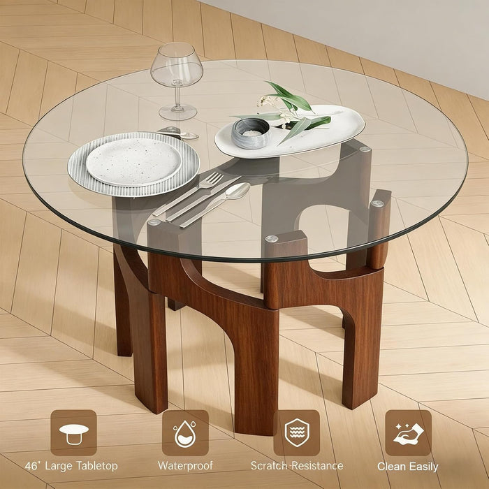 Round Glass Dining Table for 4-6, Modern 46-Inch Kitchen Table with Sturdy Pedestal Base & Clear Tempered Glass Top, Circle Dinner Table for Dining Room, Living Room & Small Apartment (Walnut)