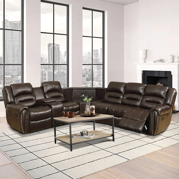 PU Leather Sectional Sofa Set, Reclining Couch for Living Room with Cup Holders, Love Seat with Wedge Wood Table, 5 Seater Theater Seating with Storage, Retro Brown