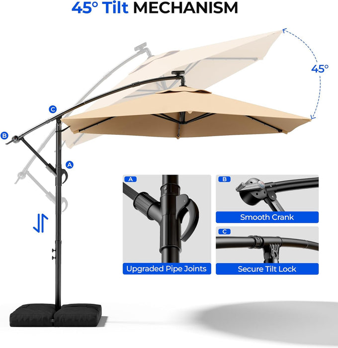 10FT Solar Offset Patio Umbrella with Base Included, 5-Year Fade-Resistant Canopy, 45° Easy Tilt Crank, 30MPH Wind-Resistant, Cantilever Hanging Umbrellas for Pool, Deck, Patio (Beige)