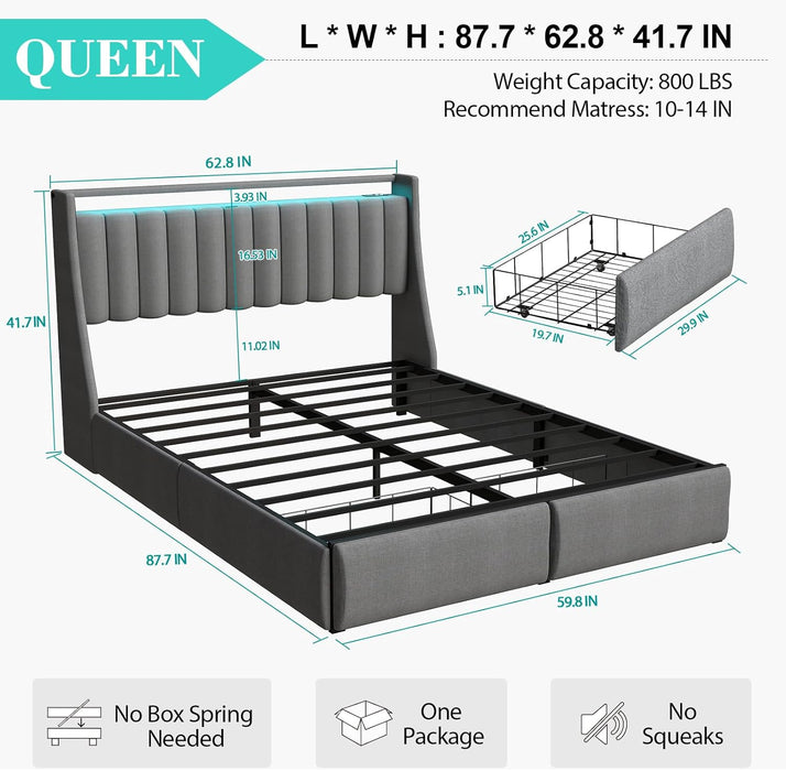 Queen Bed Frame with 2 Storage Drawers, Platform Bed Frame Queen Size with LED Light, Upholstered Headboard, Charging Station, Steel Slat Support, No Box Spring Needed, Noise-Free, Easy Assembly, Gray