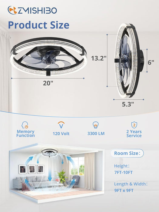 Low Profile Ceiling Fans with Lights, Flush Mount Modern Ceiling Fan and Remote Control, 20" LED Ceiling Fans, Stepless Dimmable 3 Colors and 6 Speeds (Black, 20")