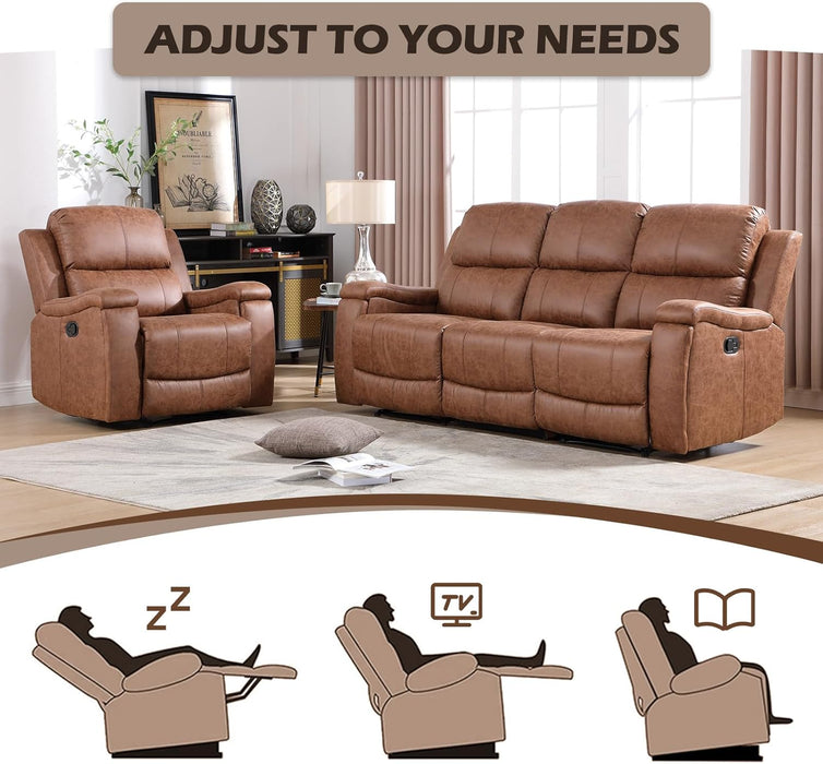 Faux Leather Manual Reclining Sofa,3 Seat Recliner Couch Sofa with Overstuffed Arms and Back,Manual Recliner Sofa Set with Concealed Cup Holders for Living Room,Brown