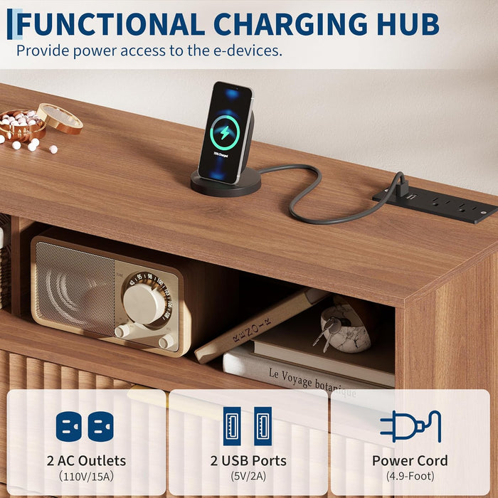 6 Drawers Dresser for Bedroom, 53.9" Wide Dressers with LED Lights and Charging Station, Curved Profile Design, Fluted Wood Drawers with Gold Handle, Modern Chest of Dressers for Living Room, Walnut