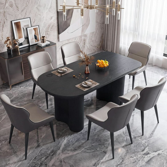 63-Inch Black Oval Dining Table for 4-6 People, Modern Kitchen Table with Thick Engineered Wood Top, Fluted Double Pedestal Base, Rounded Edges, Table Only
