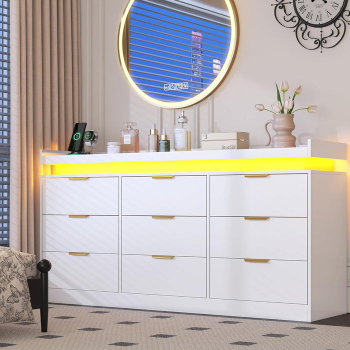 9 Drawer Dresser for Bedroom, White Dresser with LED Lights and Charging Station, Modern Chest of Drawer, Wood Triple Wide Drawer Organizer Cabinet for Bedroom, Living Room, Entryway, Hallway