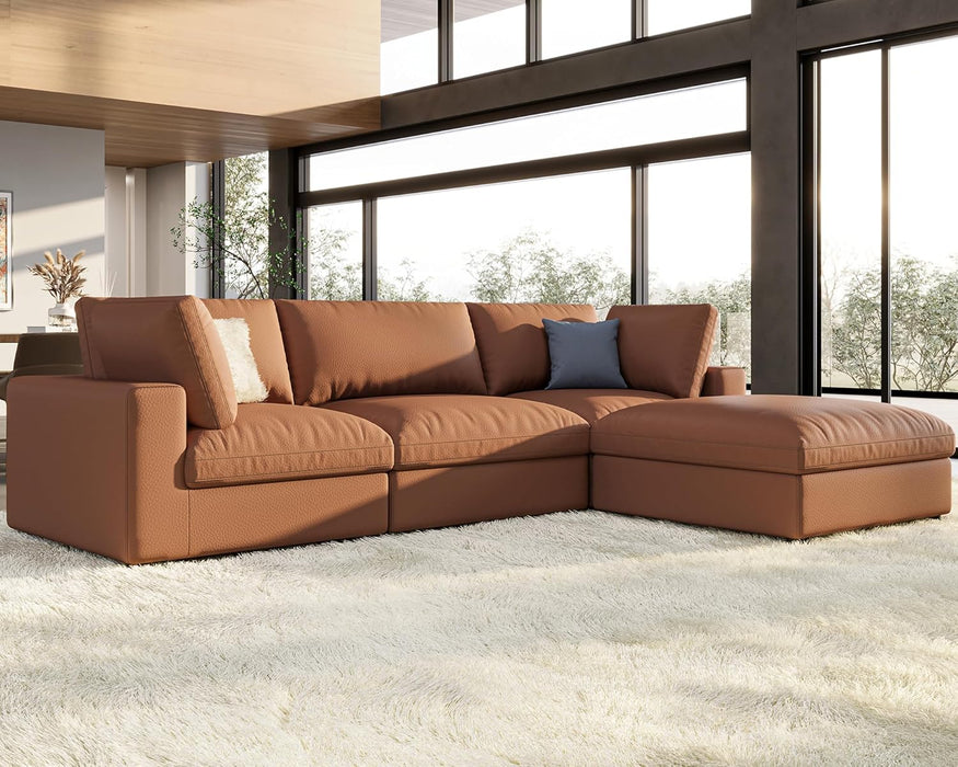 Modular Sectional Sofa, 114 Inches Oversized down Filled Sectional Sofa, 4 Seats L Shaped Cloud Couch with Chaise, Ottoman, Comfy Sofa for Living Room, Brown Anti-Scratch Leathaire Couch Set