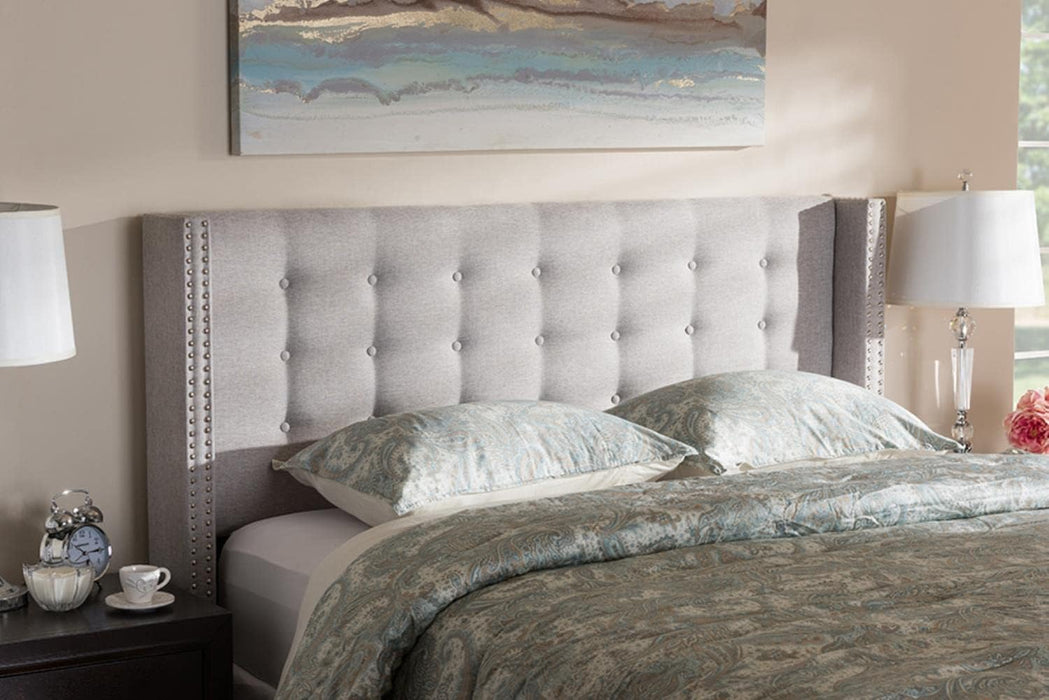 Ginaro Modern and Contemporary Greyish Beige Fabric Button-Tufted Nail Head Queen Size Winged Headboard/Contemporary/Fabric Polyester 100%"/Lvl/Mdf/Foam/Greyish Beige