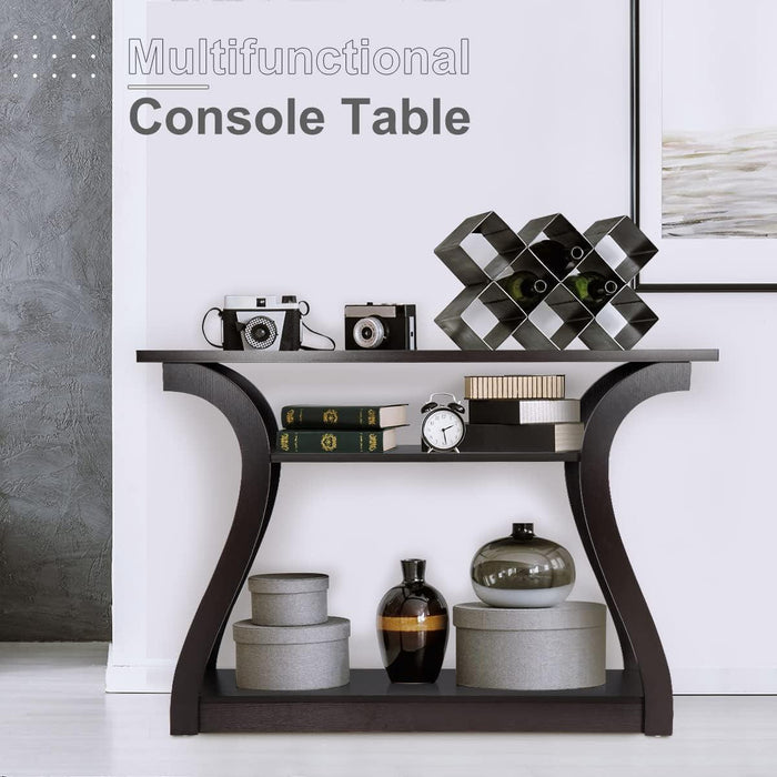 Wood Console Table with Curved Legs and Shelf, 3 Tier Modern Accent Sofa Table for Entryway, Living Room, Hallway, 47 in Wide, Easy Assembly (Cappuccino/Dark Brown)